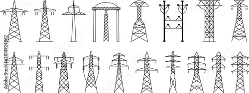Foto Diverse collection of black outline electrical transmission towers and pylons el