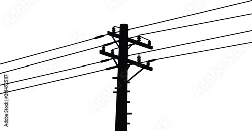 Silhouette of a wooden utility pole with power lines against a white background electricity transmission line