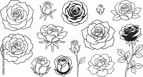 A collection of beautiful and intricate rose flower illustrations in black and white, perfect for design projects