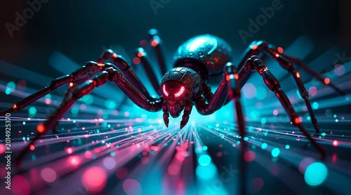 Fototapeta Cybernetic robotic spider crawling on glowing digital fiber optic data network background.