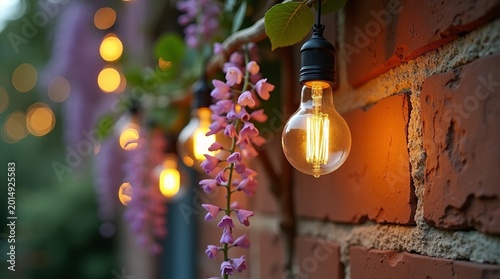 String lights with pink wisteria flowers hanging on a brick wall.
