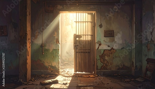Abandoned room with barred door and sunbeam
