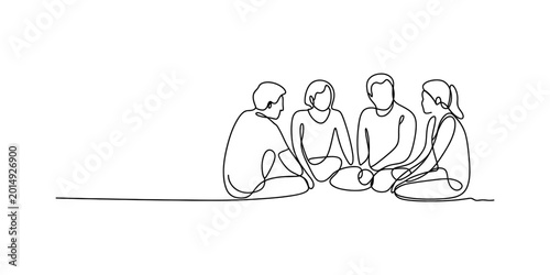 Foto Four people sitting in a circle, drawn with a single continuous line Vector, ill