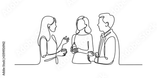 Quadro su tela Three people talking and holding drinks in a continuous line drawing style Vecto