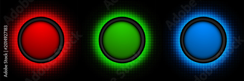 Colorful round shape buttons with neon halftone glow on black background.
