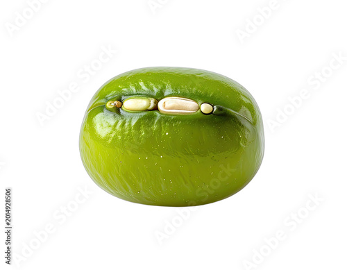 A vibrant green tamarind pod rests against a stark black background, showcasing its unique texture.