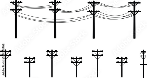 Tableau sur toile Black silhouettes of utility poles with wires and insulators electricity power l