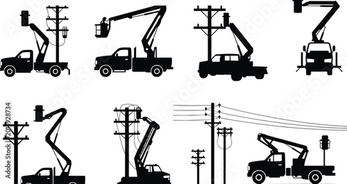 Bild auf Leinwand Bucket Truck and Utility Pole Silhouettes Collection vector illustration