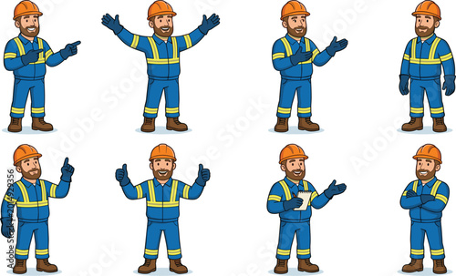 Professional Industrial Worker Character Mascot Set Featuring a Bearded Man in Safety Uniform with Various Poses Including Giving Thumbs Up, Writing on Notepad