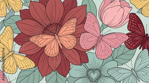 Morandi color scheme, hand-drawn illustrations of flowers and butterflies, gentle and fresh, floral and butterfly tile background wallpaper design material