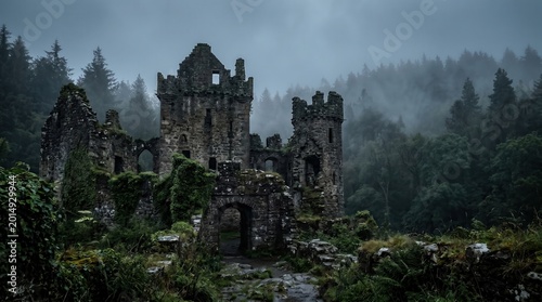 Ancient gothic castle ruins in misty forest, dark atmospheric medieval stone fortress, abandoned haunted ruins in foggy pine woods