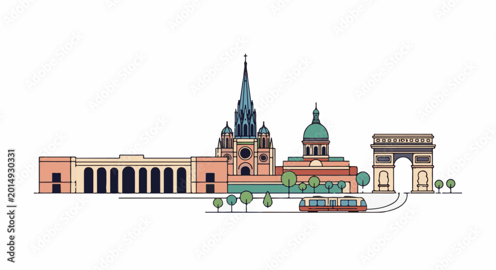 Obraz premium Stylized city skyline with iconic landmarks, church, and tram