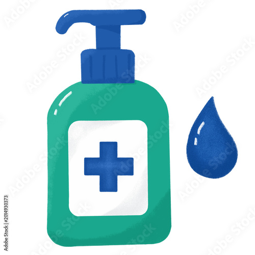 Cute flat illustration of a hand sanitizer bottle with liquid drop, representing hygiene, cleanliness, and health protection.
