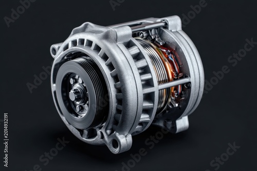 Detailed view of a silver automotive generator component isolated on a black background showcasing engineering and mechanical design elements in sharp focus