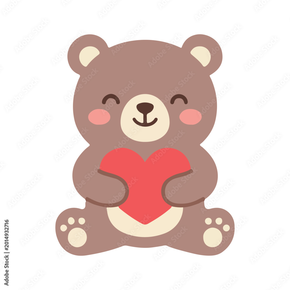 Fototapeta premium Cute Sitting Teddy Bear Holding Red Heart Love Vector Illustration