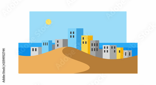 Stylized desert cityscape with sand dunes and buildings
