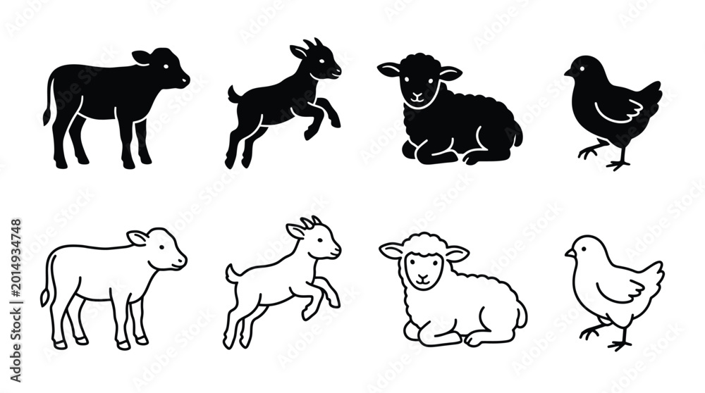 Fototapeta premium Set of farm animals icons, including calf, goat, sheep and chicken, vector illustration