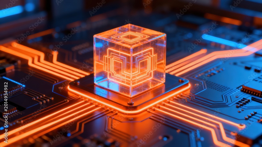 Fototapeta premium Circuit board with glowing cube
