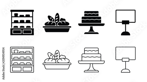 Foto Bakery and pastry shop icons set, including display case, bread basket, cake on