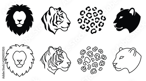 Photography Set of wild cat heads and leopard spots pattern, lion tiger panther jaguar icons