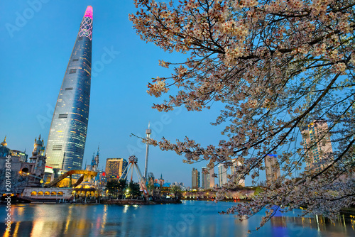cherry blossom at Seokchon Lake with lotte world at dusk, Seoul