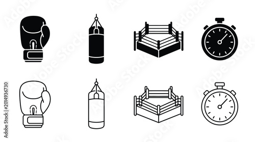 Bild auf Leinwand Boxing icons set, vector illustration boxing gloves, punching bag, boxing ring,