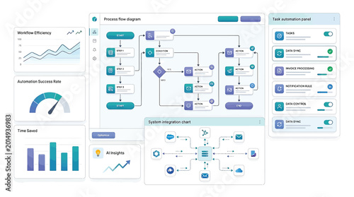 Modern business automation dashboard interface with process flow diagram, system integration chart, and performance analytics metrics