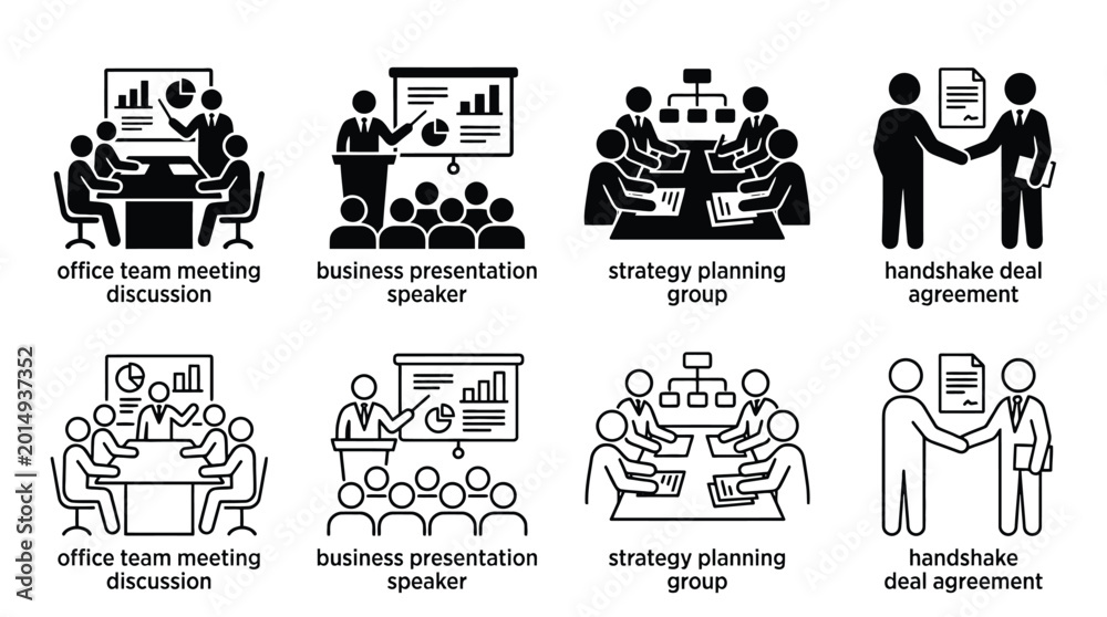 Obraz premium Business meeting and agreement icons set office team discussion, presentation speaker, strategy planning group, and handshake deal agreement symbols in solid and outline styles