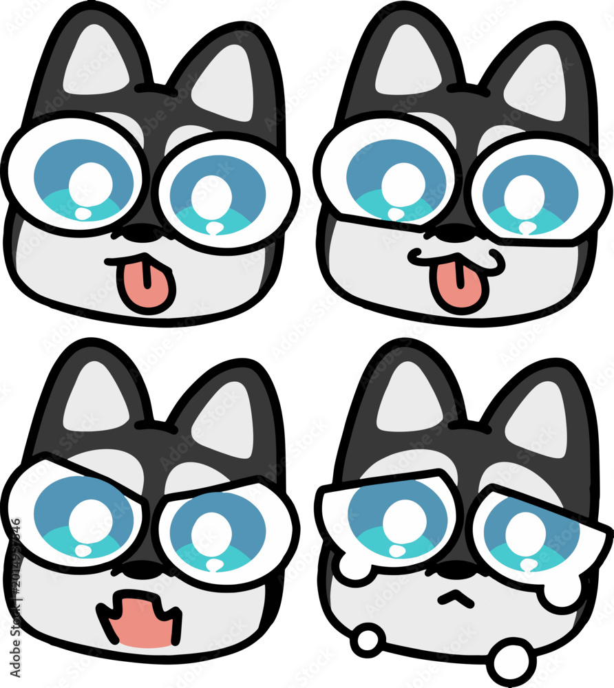 set of vector illustration of husky dog face cute puppy in simple ...