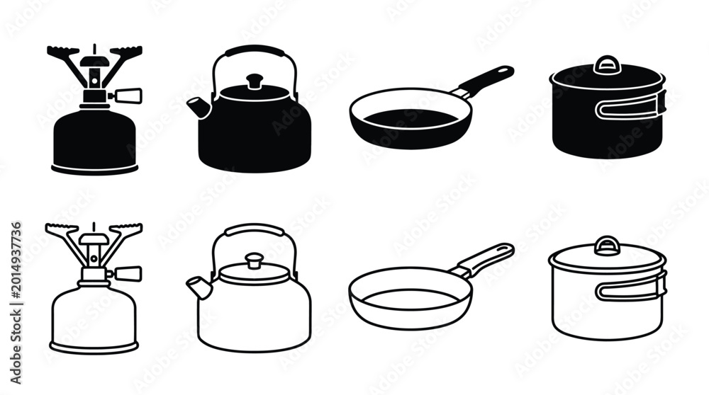 Fototapeta premium Camping stove, kettle, frying pan, and pot icons