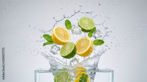Fresh lemon and lime halves with ice cubes and mint leaves splashing into water.