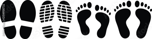 Foto Different shoe sole and barefoot footprint silhouettes set isolated on white bac