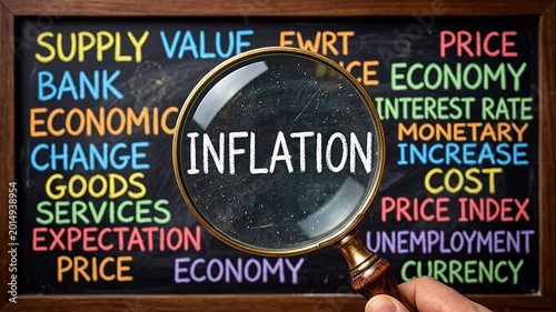 Magnifying glass over inflation word highlighting corporate success and strategic planning