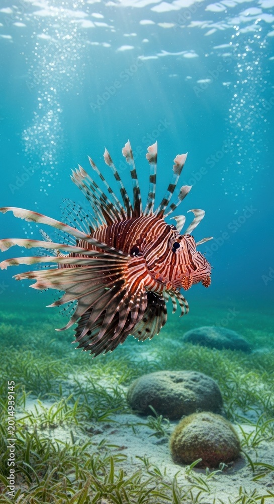 Obraz premium Striking Underwater Lionfish Swimming in Crystal Clear Waters.