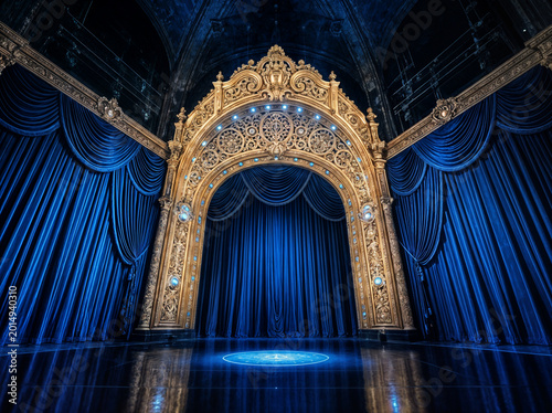 golden theatre archway with blue curtains stage