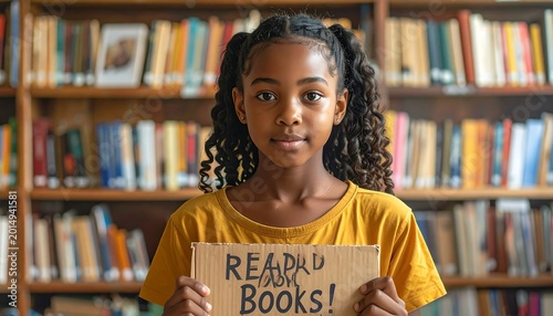 A young girl holds a cardboard sign promoting reading