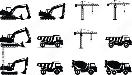 Fotografie Vector illustration of construction vehicles silhouettes including excavator, cr