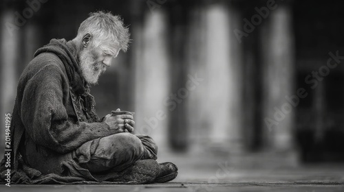 Elderly homeless man sitting on the street holding a cup, reflective portrait in black and white capturing poverty and solitude