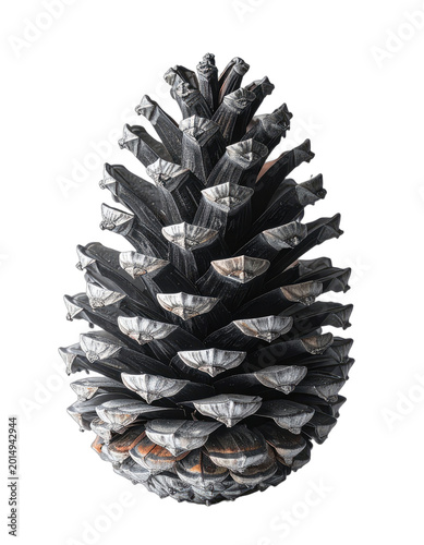 A detailed studio shot showcases the intricate scales of a pine cone against a stark black background.