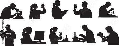 Scientist silhouettes performing laboratory research and analysis on white background