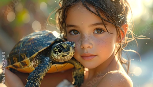 A young girl tenderly holds a turtle