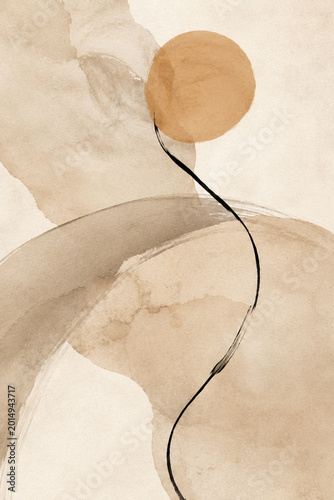 Abstract watercolor shapes with minimal line art in earth tone colors, modern boho aesthetic background