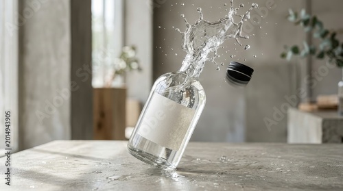 Clear glass bottle with liquid splashing out