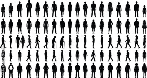 Fotografie Large group of people silhouettes vector set with front back and side view poses
