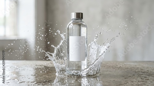 Clear water bottle with splash in studio setting