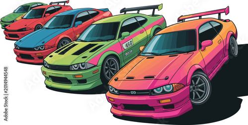 Obraz na plátne Colorful JDM drift cars vector illustration with modified Japanese sports coupes