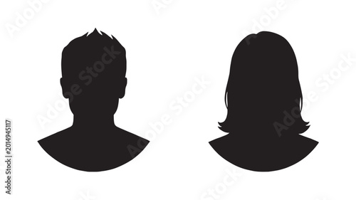 Silhouette portraits of man and woman heads viewed from front for avatar, profile, and user identity design