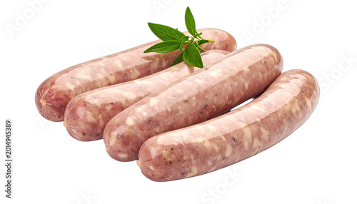 A close-up shot showcases three raw sausages garnished with a sprig of fresh herbs against a stark black background, highlighting their texture and freshness.