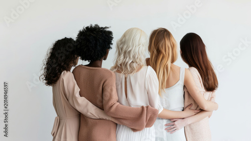 A group of women hugging close together. Female community and support