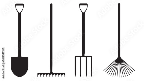 Bild auf Leinwand Garden hand tool icons set with spade shovel rake pitchfork and leaf rake line a